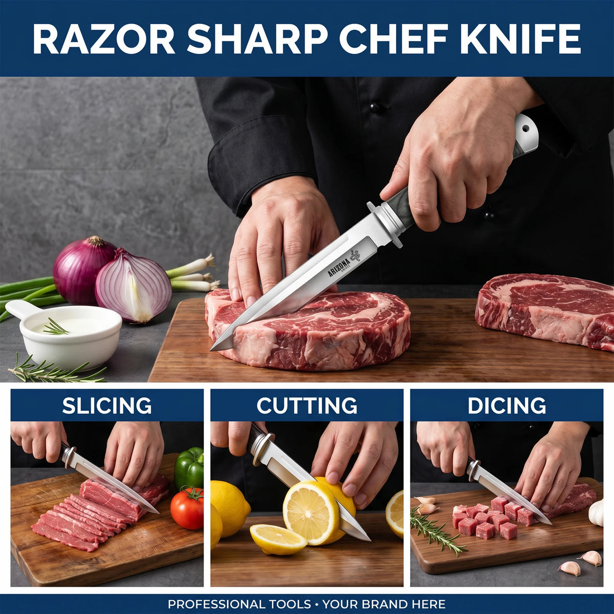 High-quality fixed-blade knife, with leather sheath, stainless steel kitchen knife, kitchen knife for cutting and cooking meat