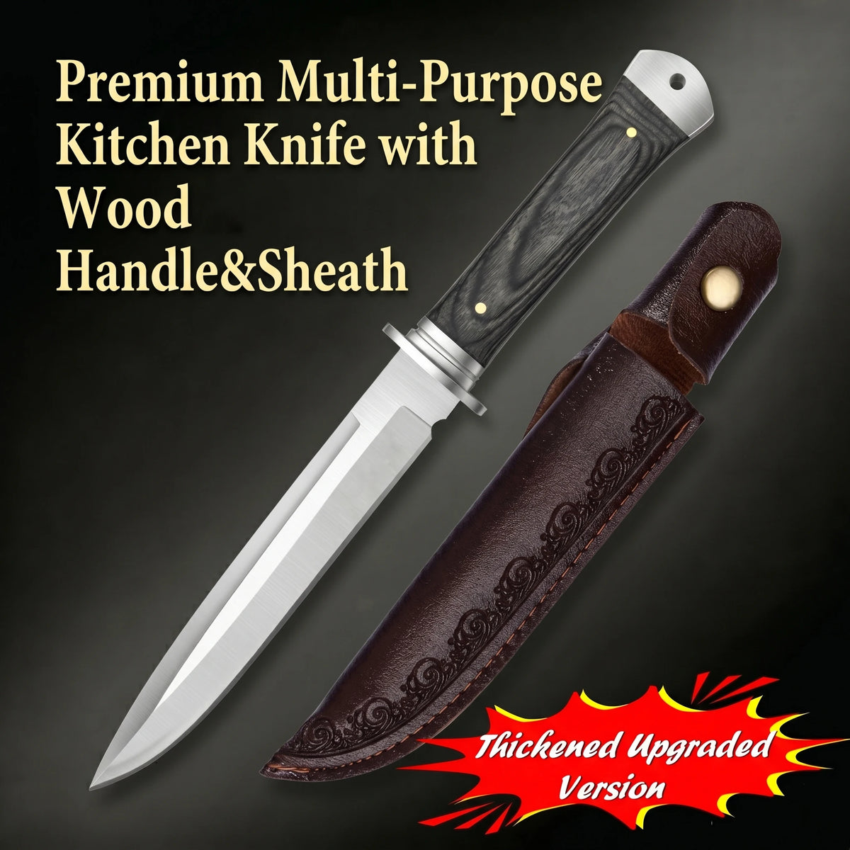 High-quality fixed-blade knife, with leather sheath, stainless steel kitchen knife, kitchen knife for cutting and cooking meat