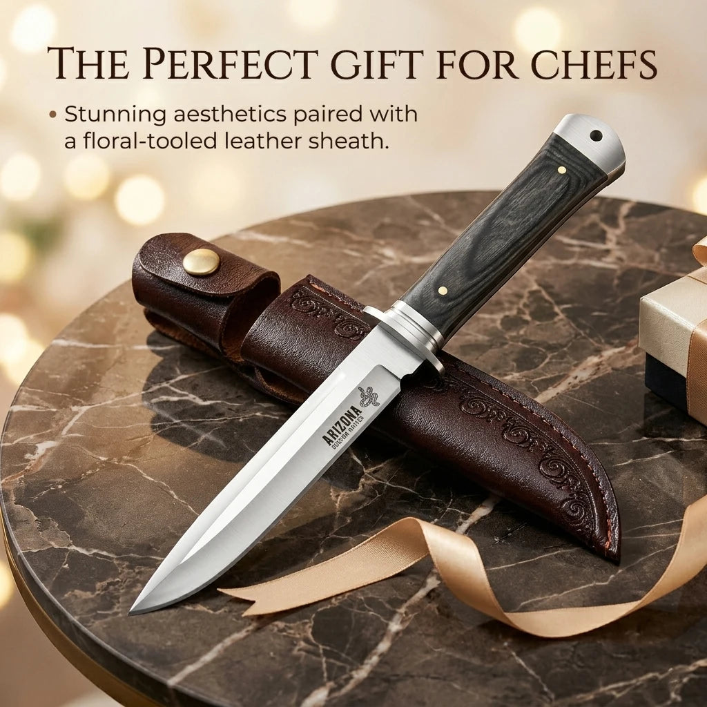 High-quality fixed-blade knife, with leather sheath, stainless steel kitchen knife, kitchen knife for cutting and cooking meat
