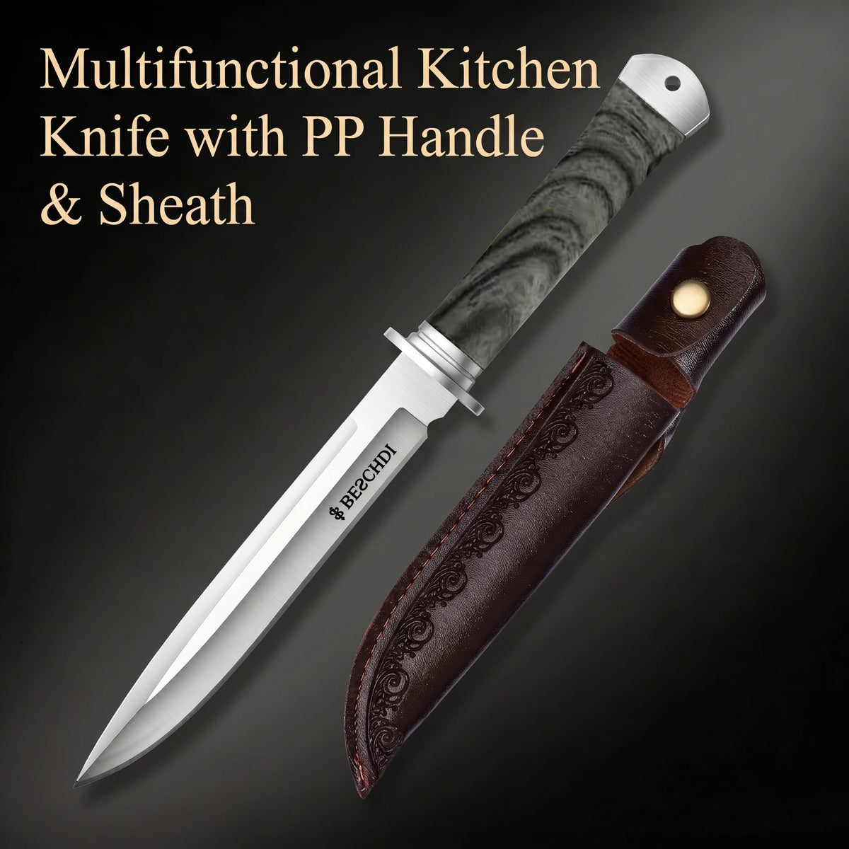 High-quality fixed-blade knife, with leather sheath, stainless steel kitchen knife, kitchen knife for cutting and cooking meat